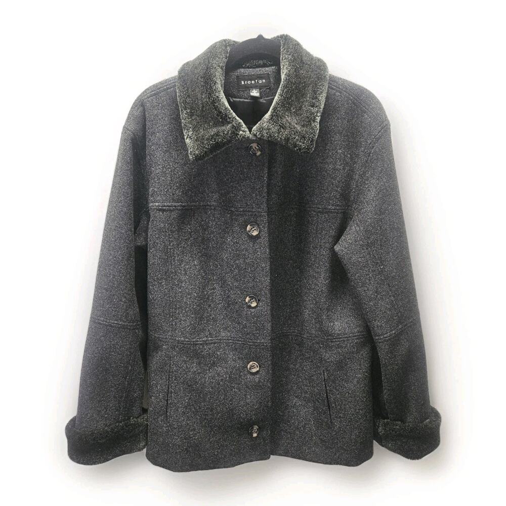 Vtg Braetan Women's Wool Blend Coat Size Large Jacket Gray Faux Fur Trim